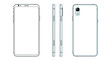 © Szymon - Technical views of a white smartphone showing the front screen, side profiles, and back camera for design and mockup use.