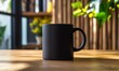 © Valentyna - Simple black matte mug on a wooden table with soft natural light and blurred background