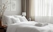 © Valentyna - Serene bedroom interior with crisp white bedding and natural light filtering through sheer curtains