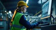 © z - An engineer wearing a reflective vest and hard hat stands in a smart factory