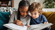 © MIQ - Two children reading a book together diverse ethnicity learning education indoors kids school life l