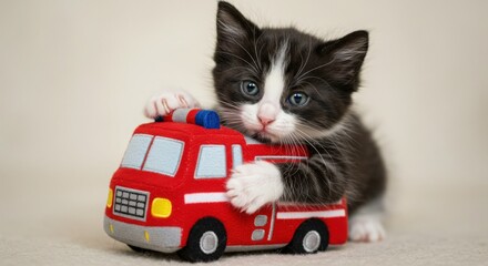  Adorable kitten playing with toy fire truck on beige background