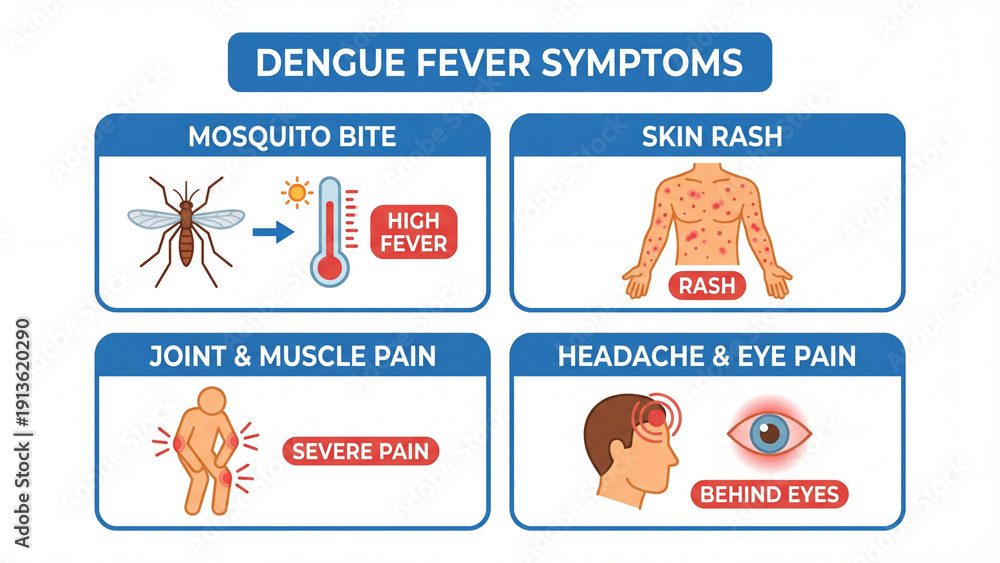 Denger Rash Dengue fever medical symptoms infographic showing mosquito transmission ...