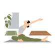 © Taufid Hidayat - Flat 2D yoga illustration of a woman stretching in a room on a mat