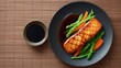© Matcha_09 - Grilled Salmon Fillet Served with Fresh Vegetables and Soy Sauce on a Modern Plate with Natural Light and Bamboo Mat Background
