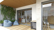 © Victor zastol'skiy - Modern apartment balcony with wooden decking and ivy wall. 3D render of terrace with beanbag chair and sliding glass doors to kitchen