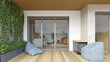 © Victor zastol'skiy - Modern apartment balcony with wooden deck and blue beanbag chairs. 3D render of residential terrace with glass sliding doors looking into living room. Urban home exterior design