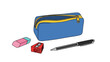 © Alis - Blue pencil case with pen, eraser, and sharpener on white background