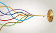 © 沈军 贡 - Abstract illustration of colorful, winding wires converging to a golden target with an arrow, symbolizing direction, goals, and convergence in business, technology, or strategy.