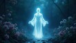 © Mystery - Soul floating in japanese garden, transparent glowing white ethereal spirit rising dark blue cinematic background flowers blooming, concept of meditation, wellness, spiritual therapy