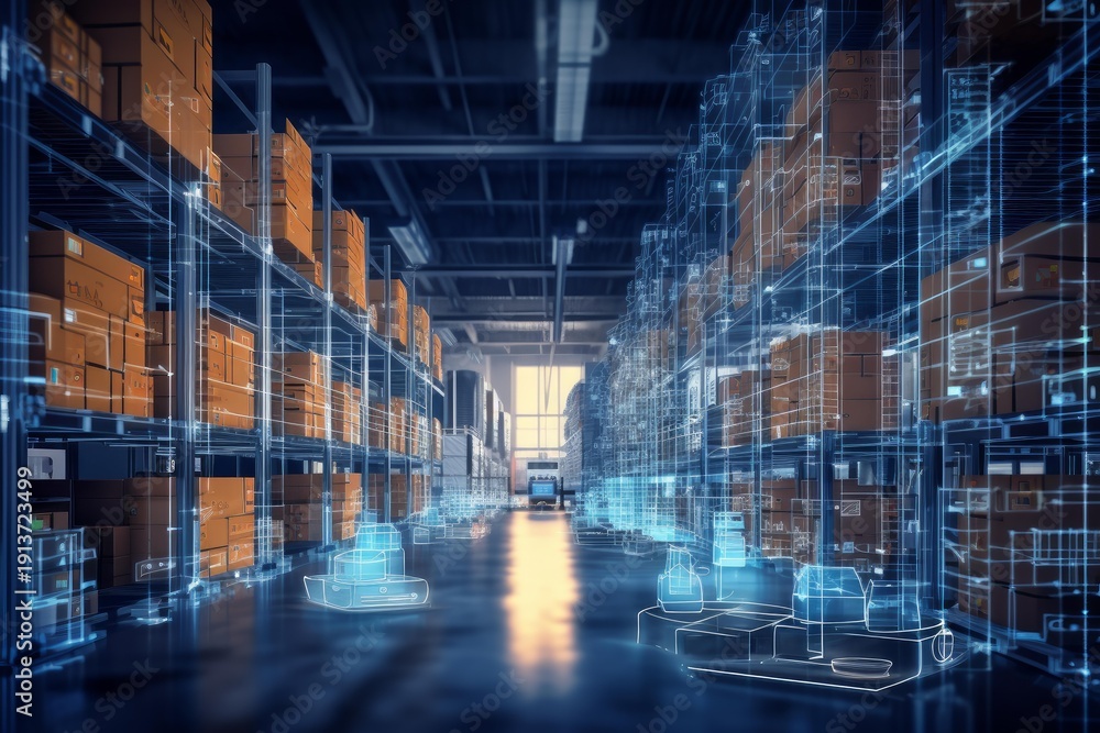 Warehouse managing inventory with digital data overlay and autonomous ...