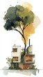 © ngstock - Innovative green architecture watercolor illustration of tree and modern building urban environment artistic perspective eco-friendly design