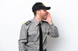 © luismolinero - Young safeguard caucasian man isolated on white background shouting with mouth wide open to the lateral