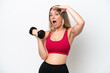 © luismolinero - Young sport Rumanian woman making weightlifting isolated on white background doing surprise gesture while looking to the side
