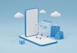 © Bhuiyan - Ecommerce mobile shopping concept with smartphone shopping cart gift box and bags on blue background with clouds  online store and retail service