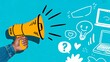© Navee - Hand holding megaphone with communication icons on blue background