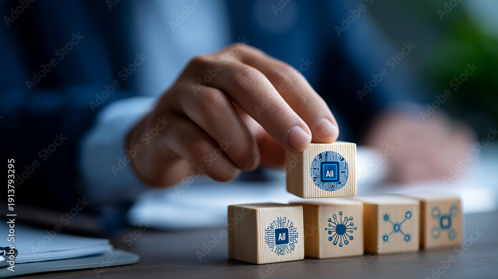 Faceless hand placing wooden block with AI chip icon on top of NLP ...