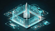 © photostockatinat - A futuristic digital rocket launch illustration. The rocket is surrounded by glowing interfaces and digital readouts, conveying innovation and technological advancement.
