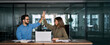 © insta_photos - Happy successful business team of two executive partners employees giving high five supporting celebrating professional success growth financial work achievement sitting at office meeting with laptop.