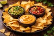 © Alamin - Tortilla chips with salsa, guacamole and cheese dip, appetizer snack platter