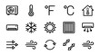 © David - Set of black line icons for air conditioning, heating, and ventilation systems, including symbols for temperature, airflow, cooling, and climate control in a minimalist vector style