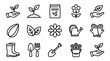 © David - Gardening and planting line icon set featuring a seedling, seeds, flower, watering can, gloves, boots, and tools for agriculture and horticulture concepts in a simple vector illustration