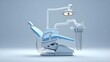 © Sheema - A sterile light blue dental chair with an adjustable overhead lamp and tools, isolated on a clean gradient background, ready for patient examination.