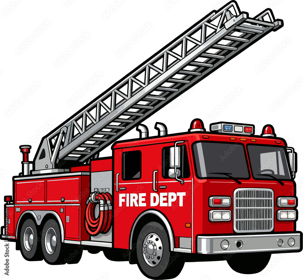 Cartoon Red Fire Ladder Truck with "FIRE DEPT" Text and Sirens Side ...