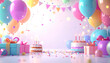 © Dwi - Colorful birthday party background with cakes, lit candles, balloons, and gifts.