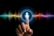 © Kunal - Hand reaching out to touch a glowing microphone icon on a colorful sound wave background