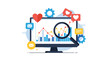 © Rubina - Social media analytics dashboard on a computer screen shows engagement metrics and performance trends with a magnifying glass.