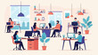© Asiknya - A vibrant illustration of a modern open-plan office with employees working at their computer desks