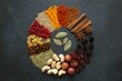 © Real Stuff PNG - Spice Circle: An artistic presentation of a circular arrangement of diverse spices, herbs, and ingredients, creating a vibrant culinary palette