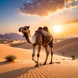 © echy - Majestic Camel Strides Across Sun-Drenched Desert Dunes at Golden Hour