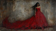 © ITrenz - Woman in Red Evening Gown with Long Train Against Textured Wall