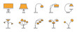 © carik - Ten line art icons of floor and table lamps. Orange shades add warmth. Perfect for lighting stores or home decoration illustrations.