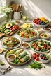 © Olena Kolomiets - Spring Plant-Based Food Scene with Fresh Vegetables and Vegan Dishes in Natural Light