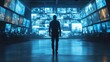 © nikomsolftwaer - Security guard monitoring surveillance footage in high-tech control room urban environment professional setting dramatic viewpoint