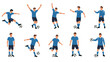 © Wieslaw - Dynamic set of male soccer player silhouettes in various athletic poses like kicking, running, and dribbling a ball on a white background.