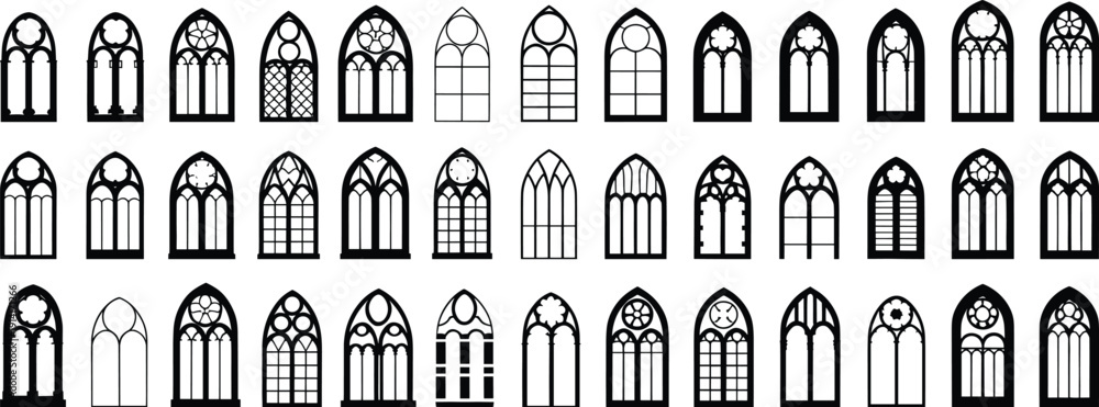 Collection of gothic arched window silhouettes showing ornate church ...