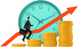 © ImageFlow - Businessman climbs gold coin stacks over red arrow in front of turquoise clock, creative concept for financial growth and time management on white