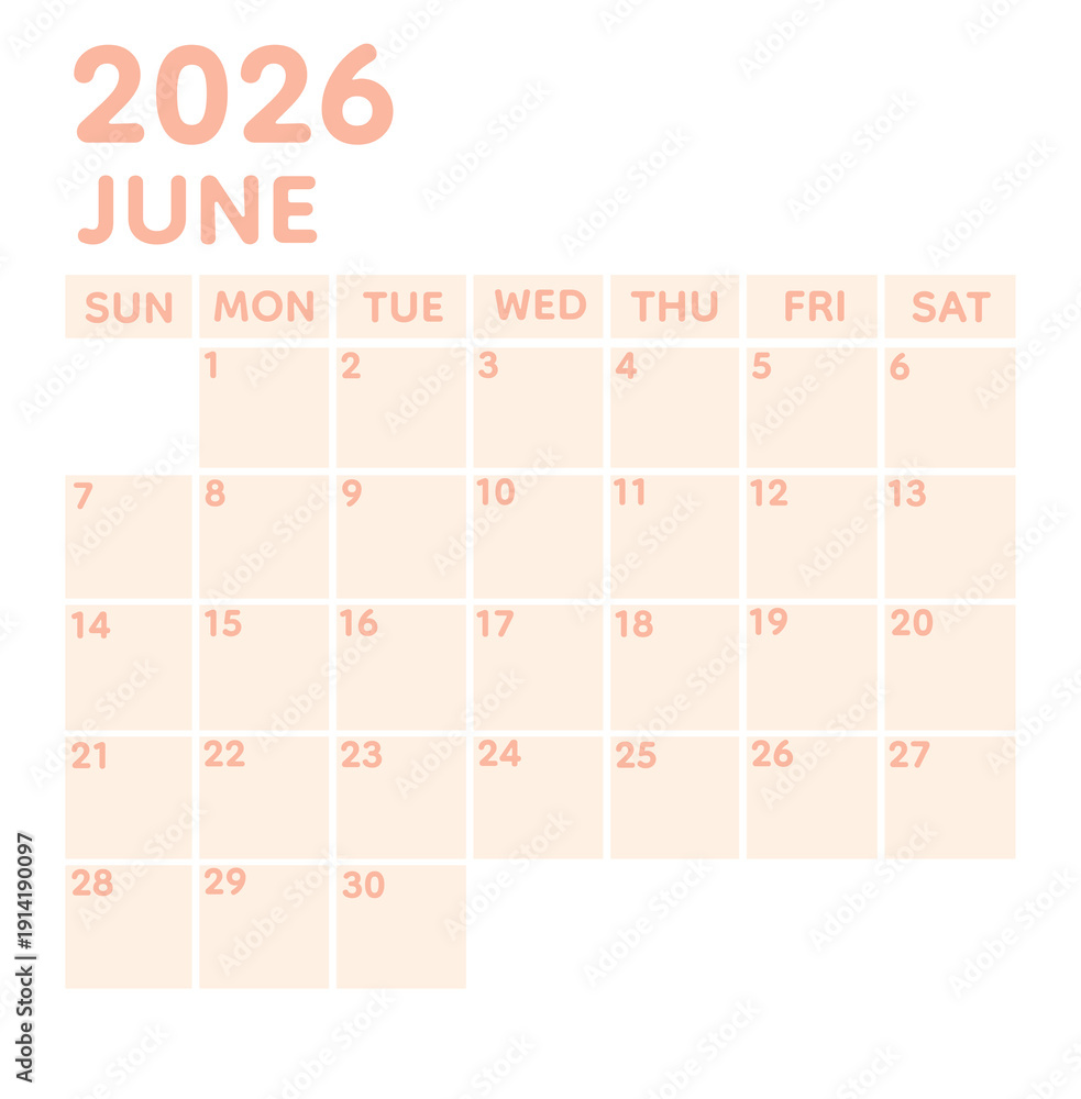 Clean minimalist June 2026 monthly calendar designed in a light beige ...