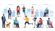 © Uttpol Saha - Large inclusive workplace vector set featuring people with disabilities – blind man with guide dog, girl with prosthetic limb, and wheelchair users in flat cartoon style.
