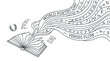 © Nuraini - Open Book with Wavy Text and Symbols, World Poetry Day Theme, Laurels, Quill, Scroll, Line Art