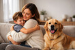 © Faysal - Happy Mother and Son Hugging at Home with Golden Retriever Dog
