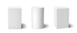 © Yuliia Osadcha - White 3D pillar podium display platform with geometric pedestal stand - realistic cube and cylinder column mockup set. Minimalist stage base for product presentation, winner award or museum exhibit