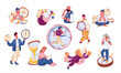 © Victoria Sergeeva - Time management stress cartoon vector illustration set with people, clocks, planners, paperwork, deadlines, anxiety reactions, burnout moments, multitasking scenes, modern daily work pressure.