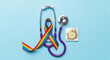 © Rafi's Creative - A stethoscope rainbow ribbon and condom packaging symbolize safe sex practices within the lgbtq community high quality professional detailed modern elegant stylish clean