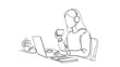 © Kaushi_Lens - Black Continuous Line Art Woman Working from Home with Headset Tea and Laptop Minimalist Vector Illustration