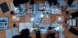 © InfiniteFlow - A group of professionals collaborates in a modern office, analyzing data and presenting insights through advanced AI visuals, fostering creativity and strategic planning. Trope